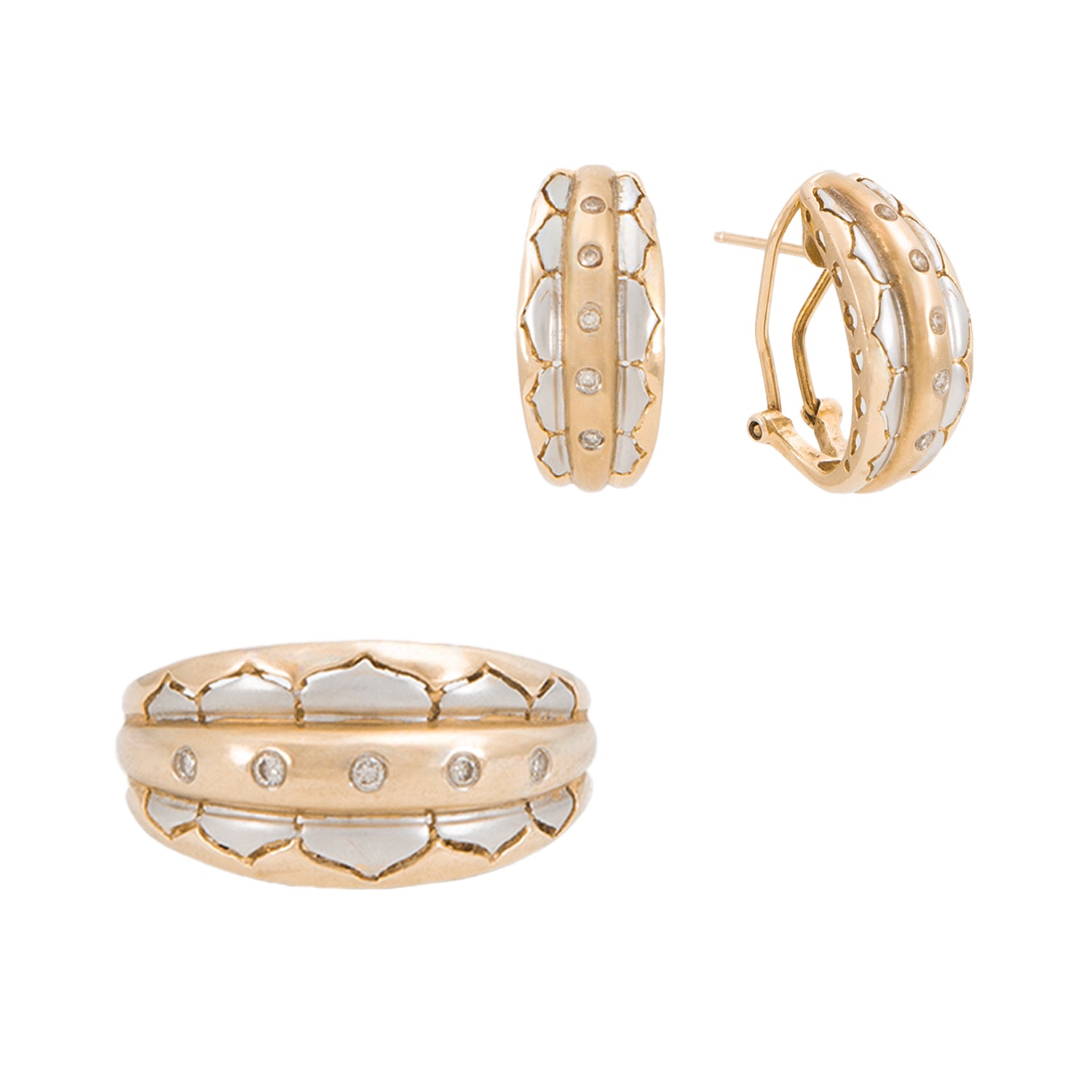 Juego de Aretes y Anillo en Oro Dos Tonos de 14k