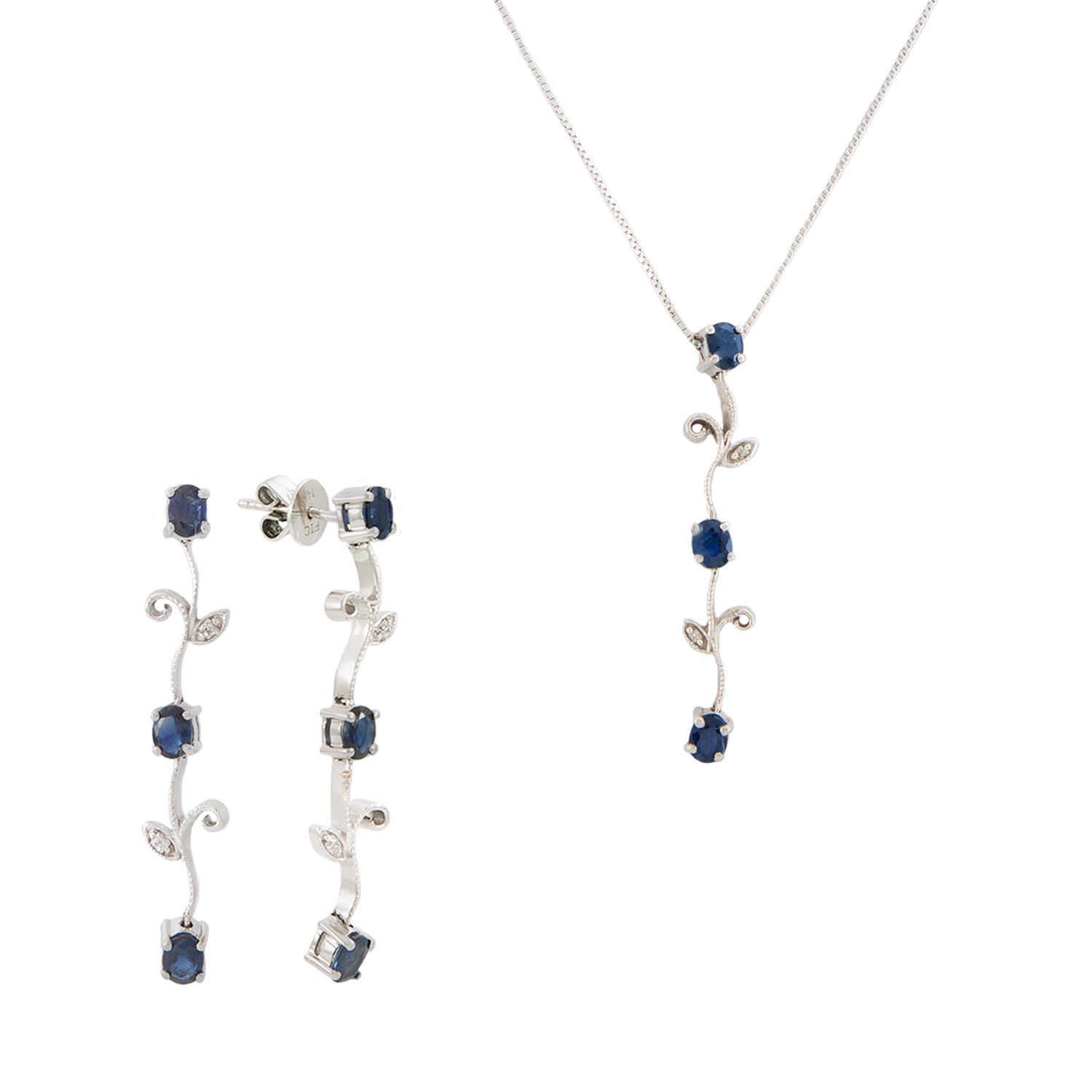 Juego de Aretes y Gargantilla en Oro Blanco de 14k con Diamantes y Zafiros