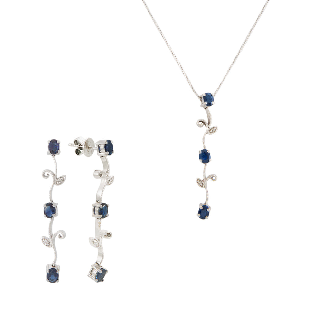 Juego de Aretes y Gargantilla en Oro Blanco de 14k con Diamantes y Zafiros