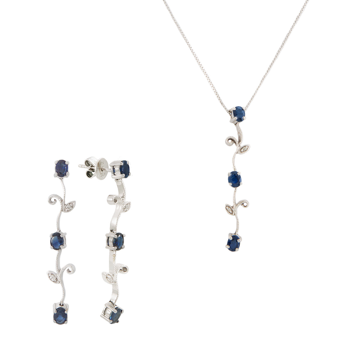 Juego de Aretes y Gargantilla en Oro Blanco de 14k con Diamantes y Zafiros