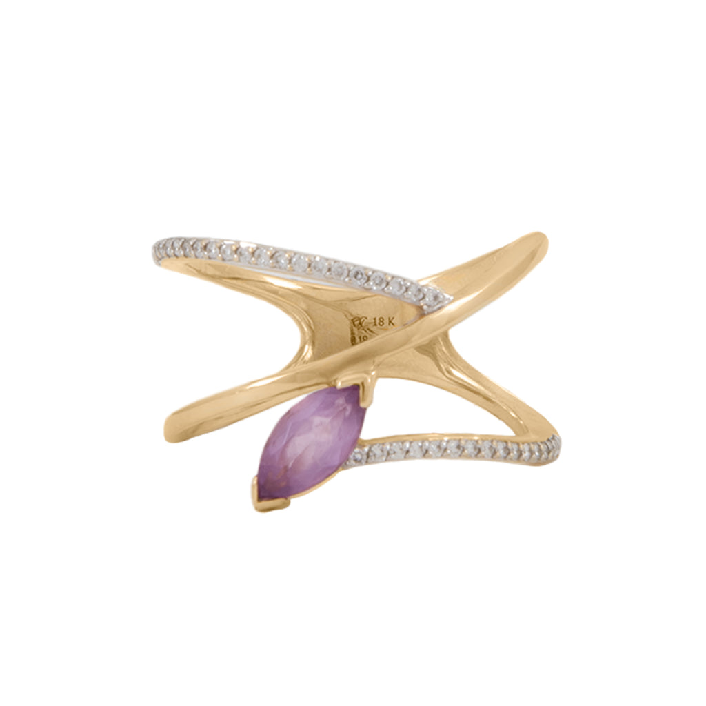 Anillo Diseño Bandas Cruzadas con Amatista y Diamantes