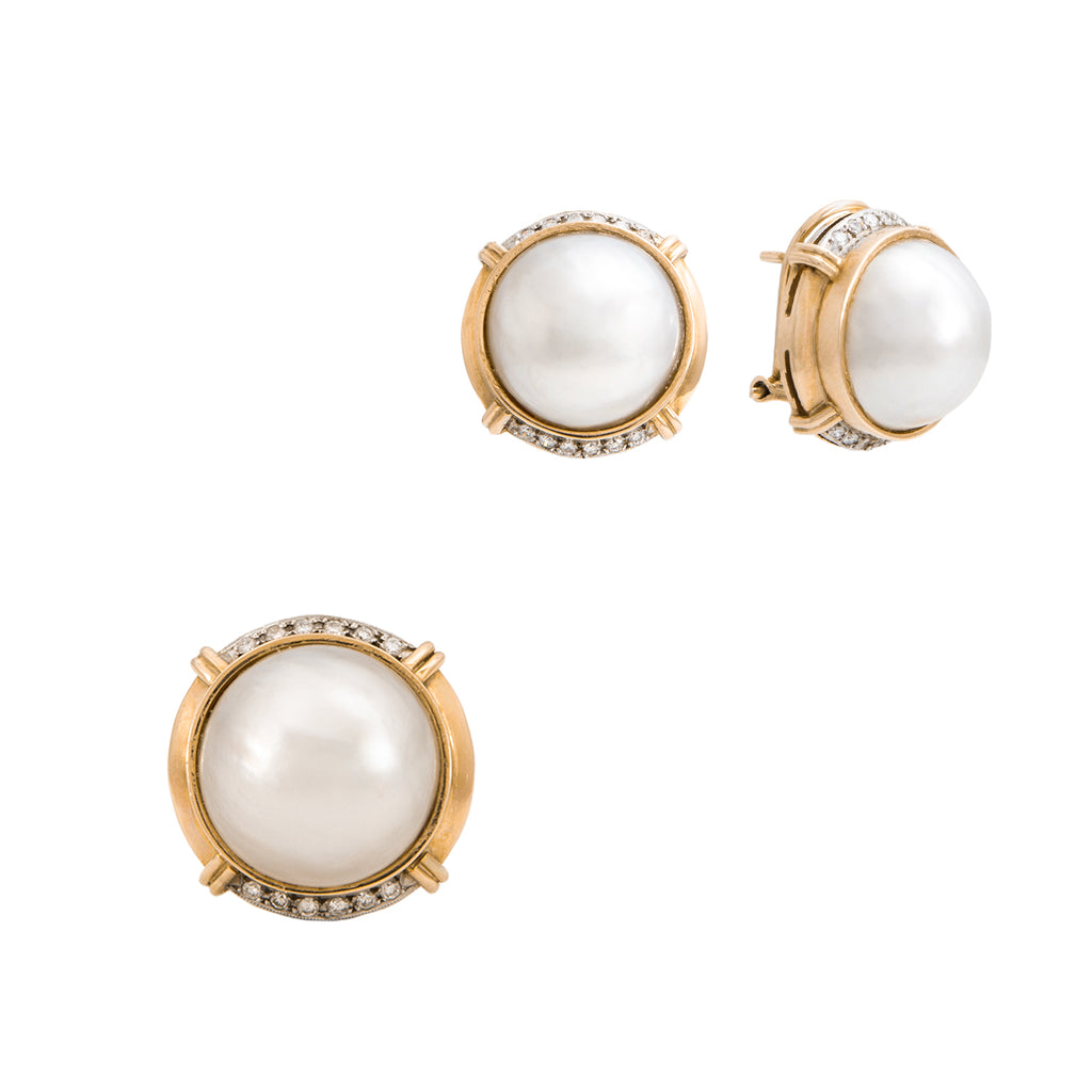 Juego de Aretes y Anillo en Oro Amarillo de 14k con Perlas y Diamantes