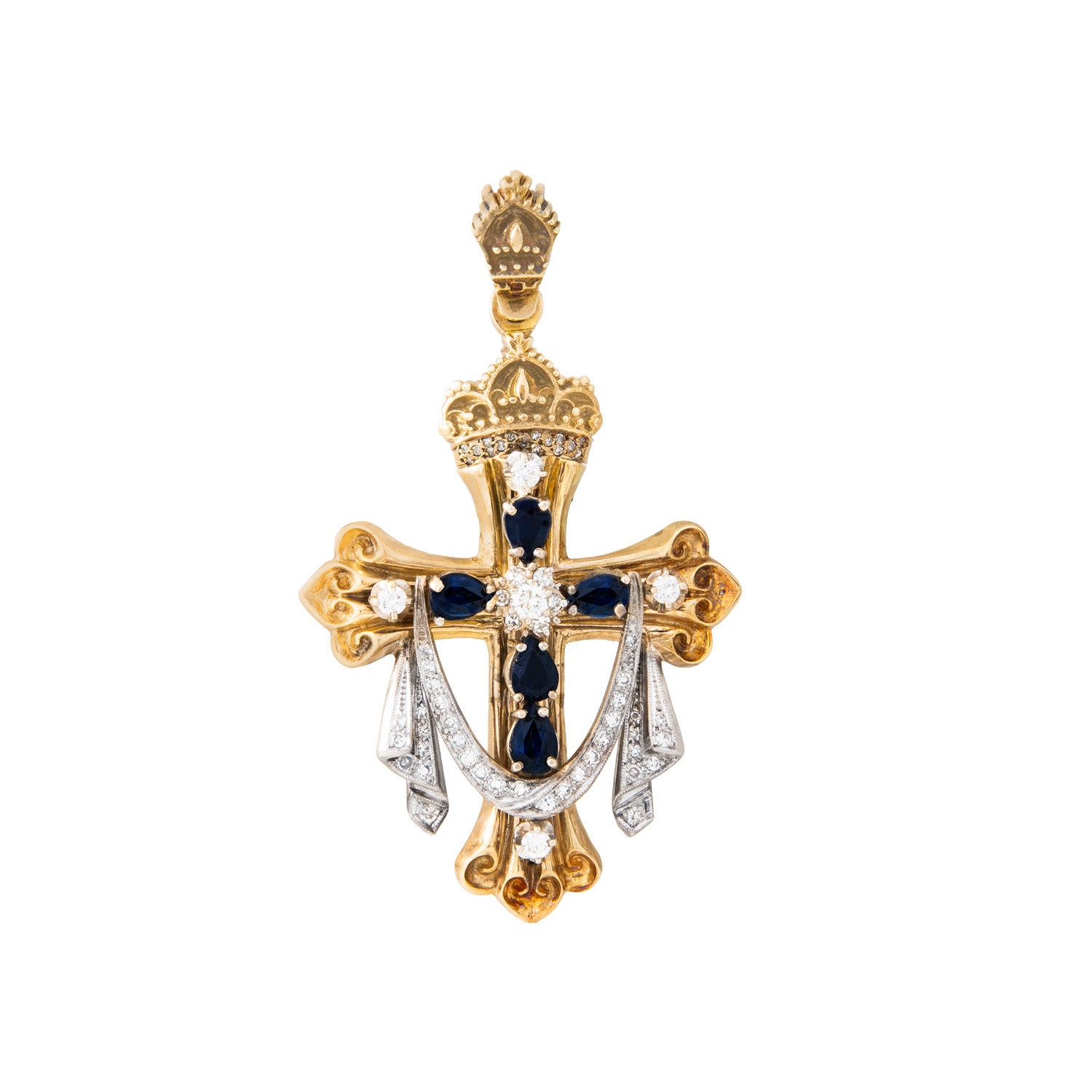 Dije de Cruz con Manto en Oro Amarillo 14K con Zafiros y Diamantes