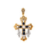 Dije de Cruz con Manto en Oro Amarillo 14K con Zafiros y Diamantes
