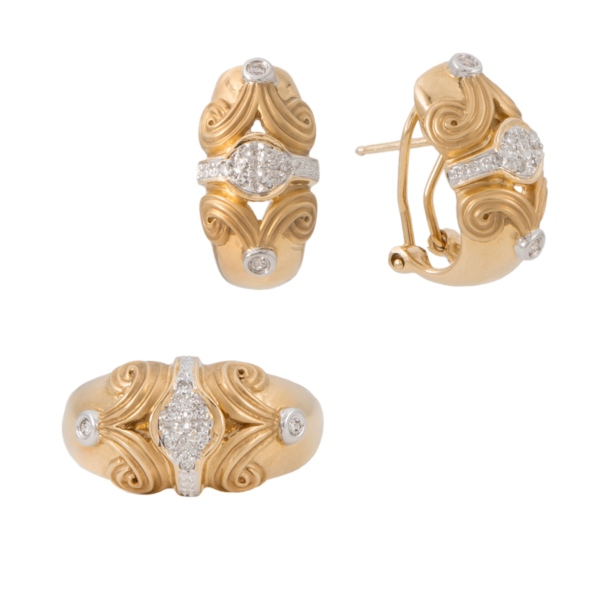 Juego de Aretes y Anillo Diseño Olas en Oro de Dos Tonos 14K