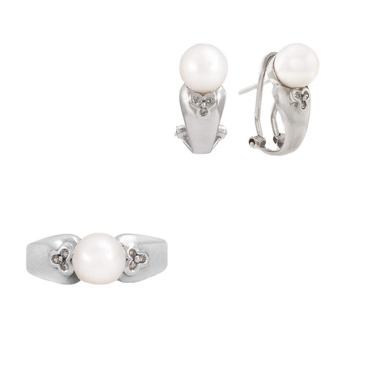 Juego de Anillo y Aretes en Oro Blanco de 14k con Perlas y Diamantes