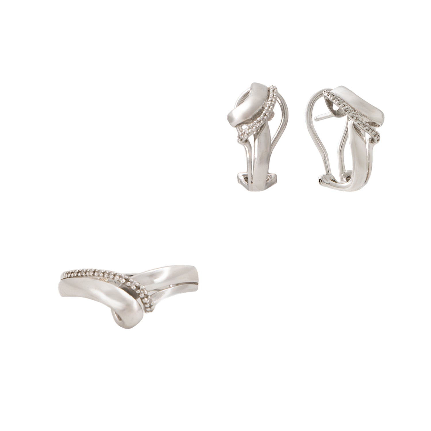 Juego de Aretes y Anillo Diseño Nudo en Oro Blanco de 14k