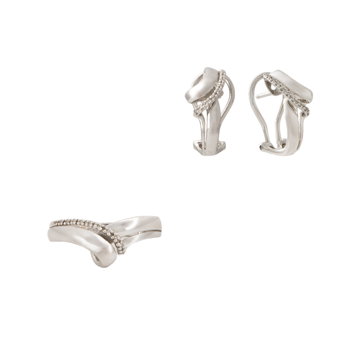 Juego de Aretes y Anillo Diseño Nudo en Oro Blanco de 14k