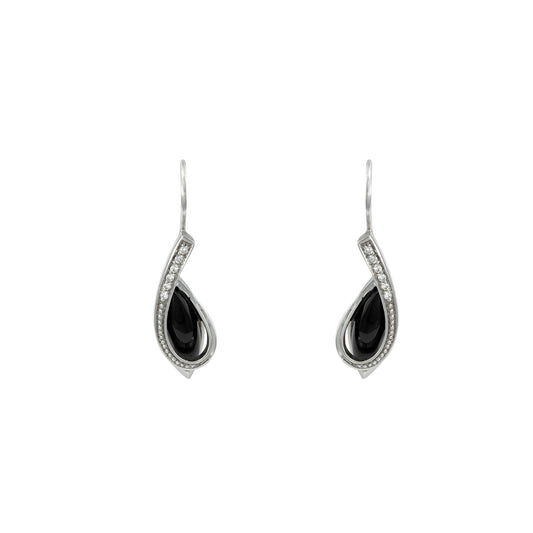 Aretes Largos con Piedra Negra y Chispas de Diamante