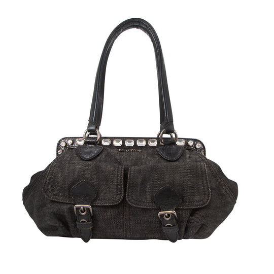 Bolso en Denim Negro con Apliques de Cristal