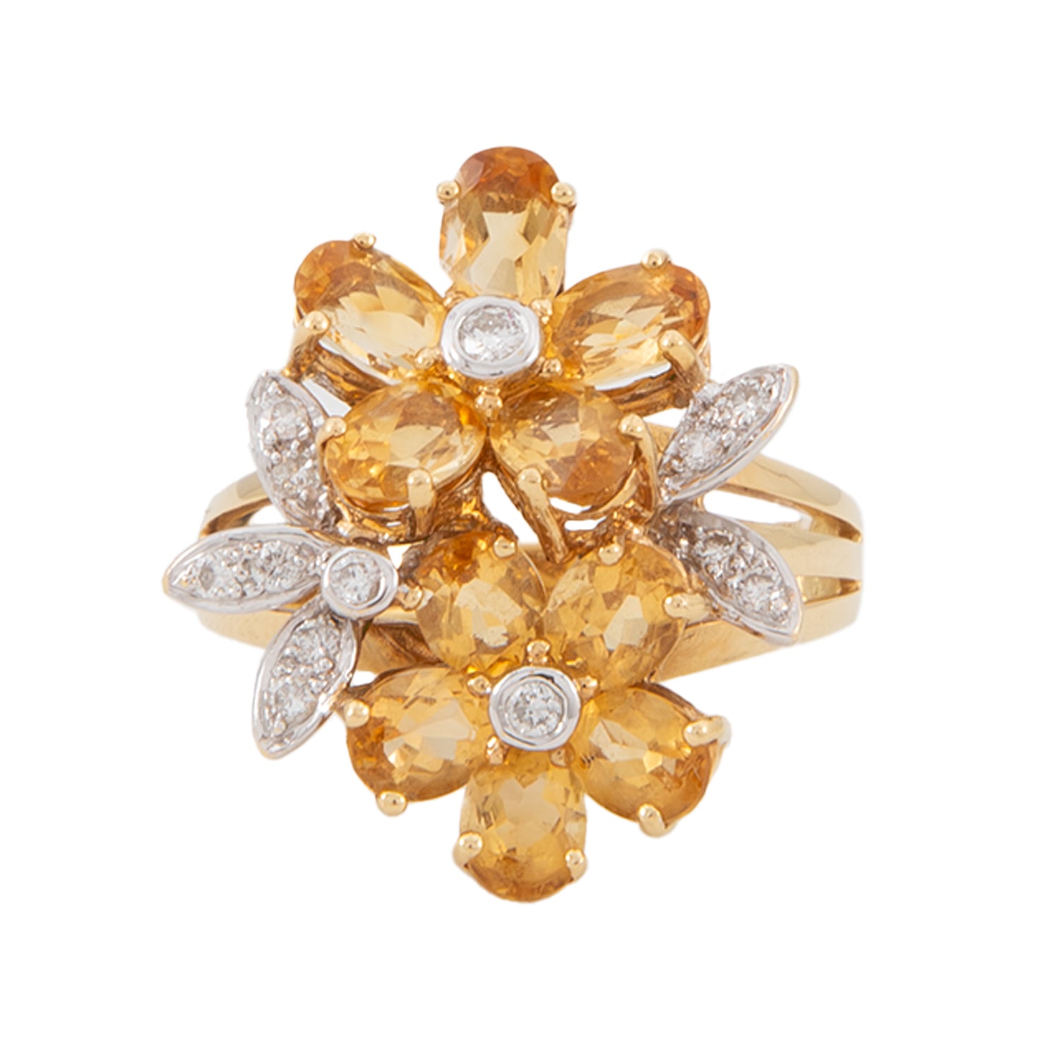 Anillo Diseño Doble Flor con Citrino y Diamantes