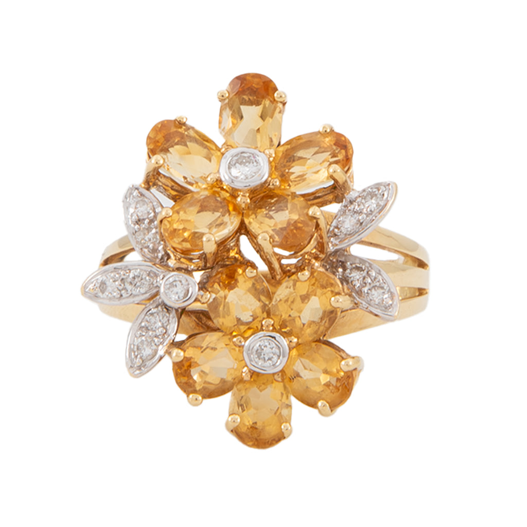 Anillo Diseño Doble Flor con Citrino y Diamantes