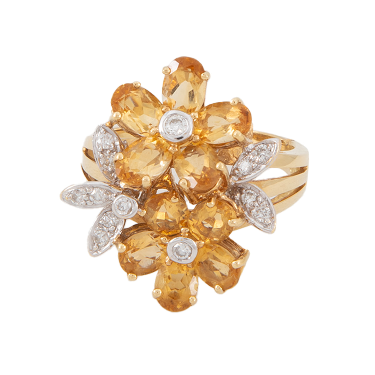 Anillo Diseño Doble Flor con Citrino y Diamantes