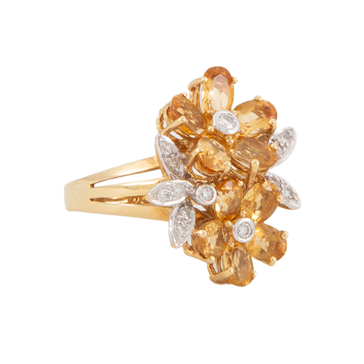 Anillo Diseño Doble Flor con Citrino y Diamantes