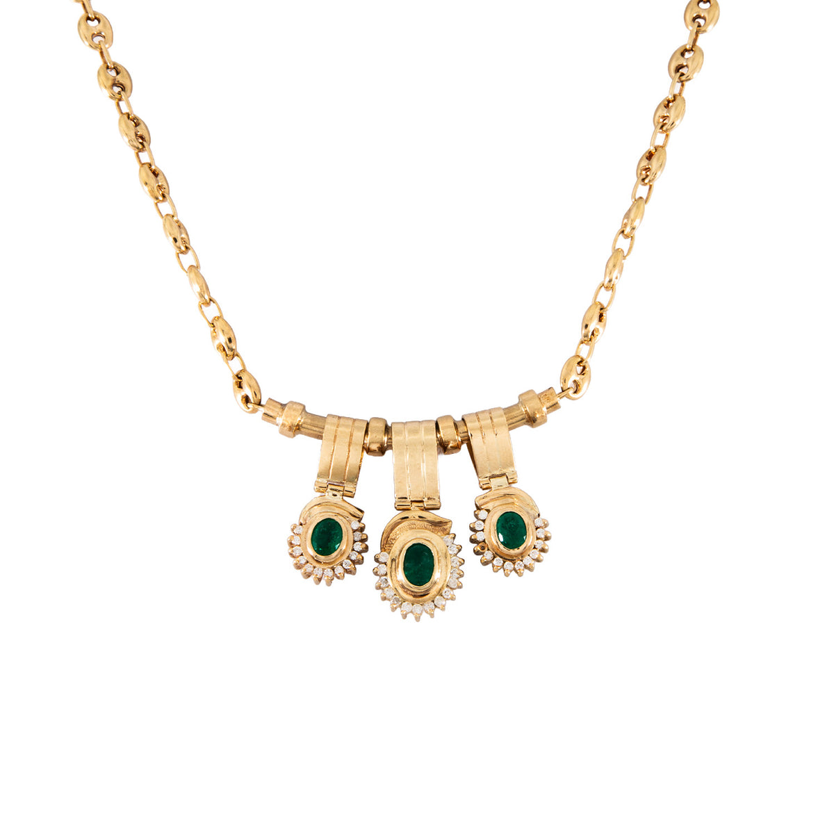 Gargantilla con 3 Colgantes en Oro Amarillo 18K con Esmeraldas y Diamantes