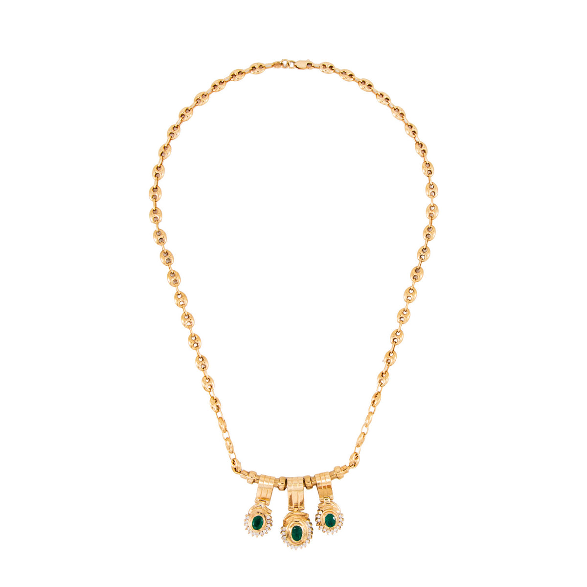 Gargantilla con 3 Colgantes en Oro Amarillo 18K con Esmeraldas y Diamantes