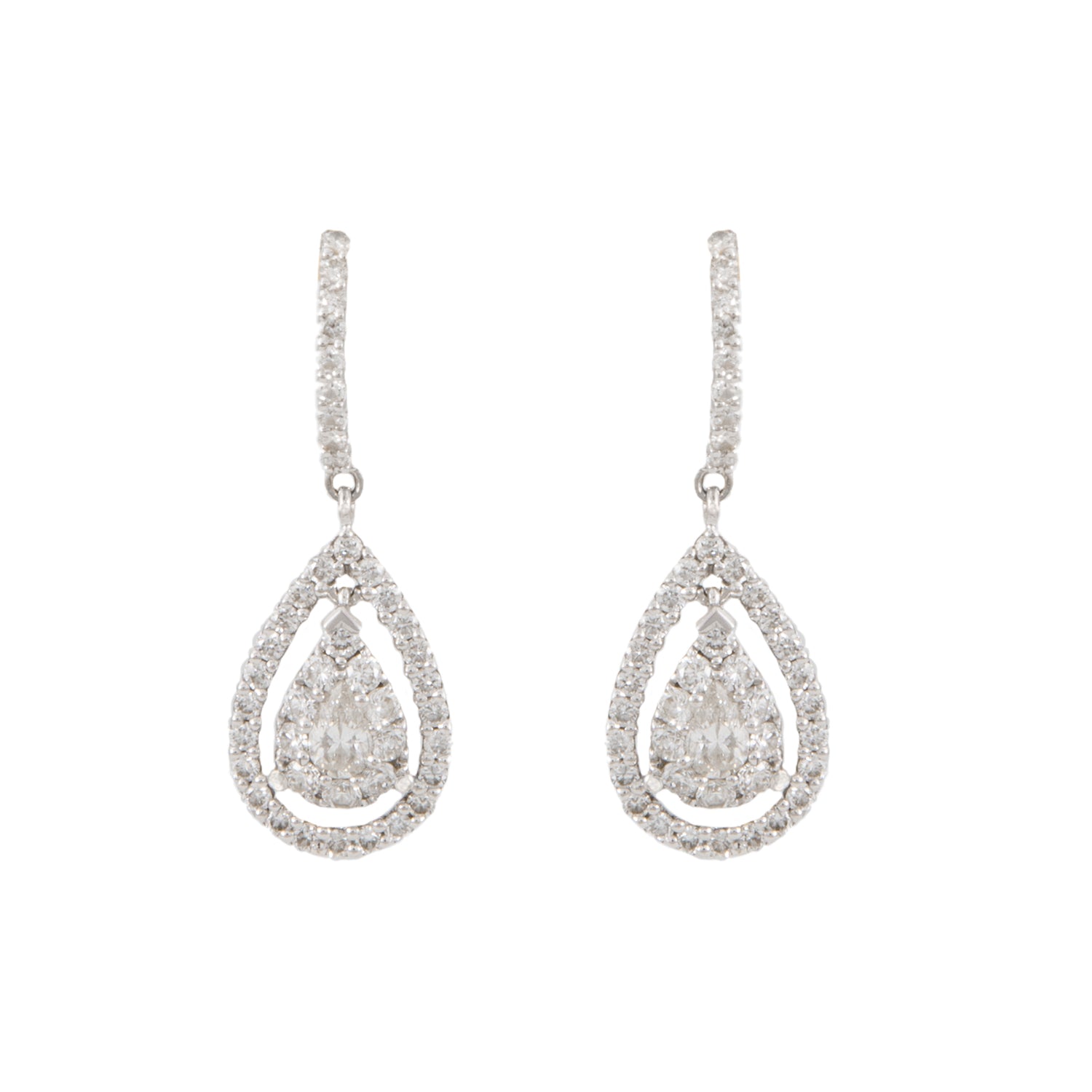 Aretes Colgantes Diseño Gota en Oro Blanco de 18k con Diamantes