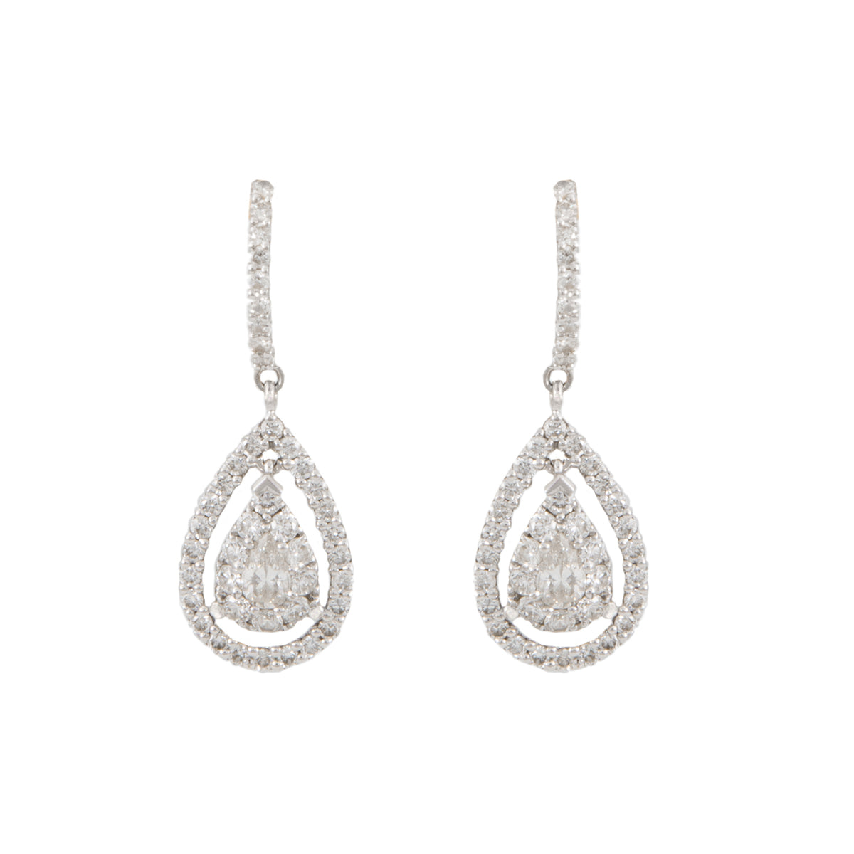 Aretes Colgantes Diseño Gota en Oro Blanco de 18k con Diamantes