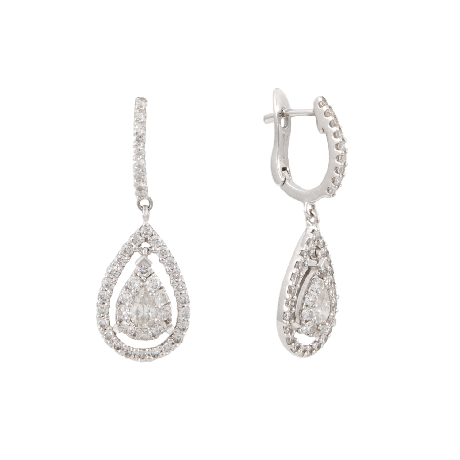 Aretes Colgantes Diseño Gota en Oro Blanco de 18k con Diamantes