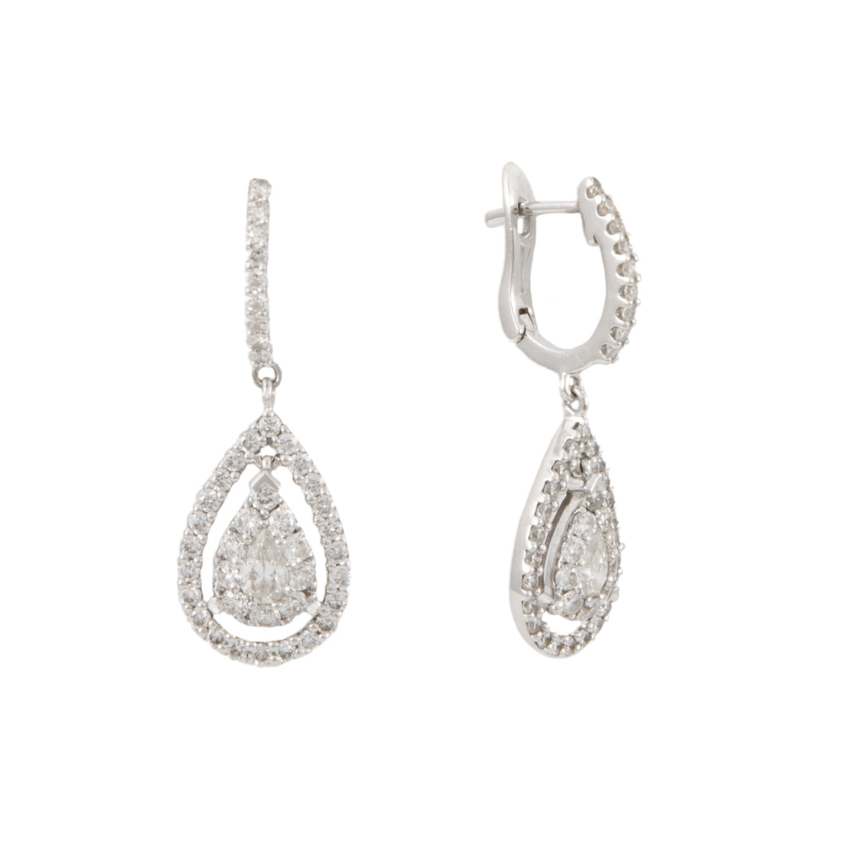 Aretes Colgantes Diseño Gota en Oro Blanco de 18k con Diamantes