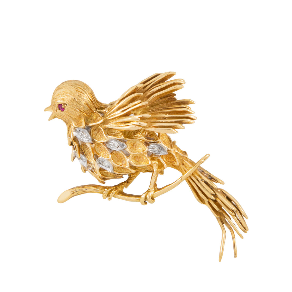 Prendedor Motivo Pájaro Oro Amarillo 18K