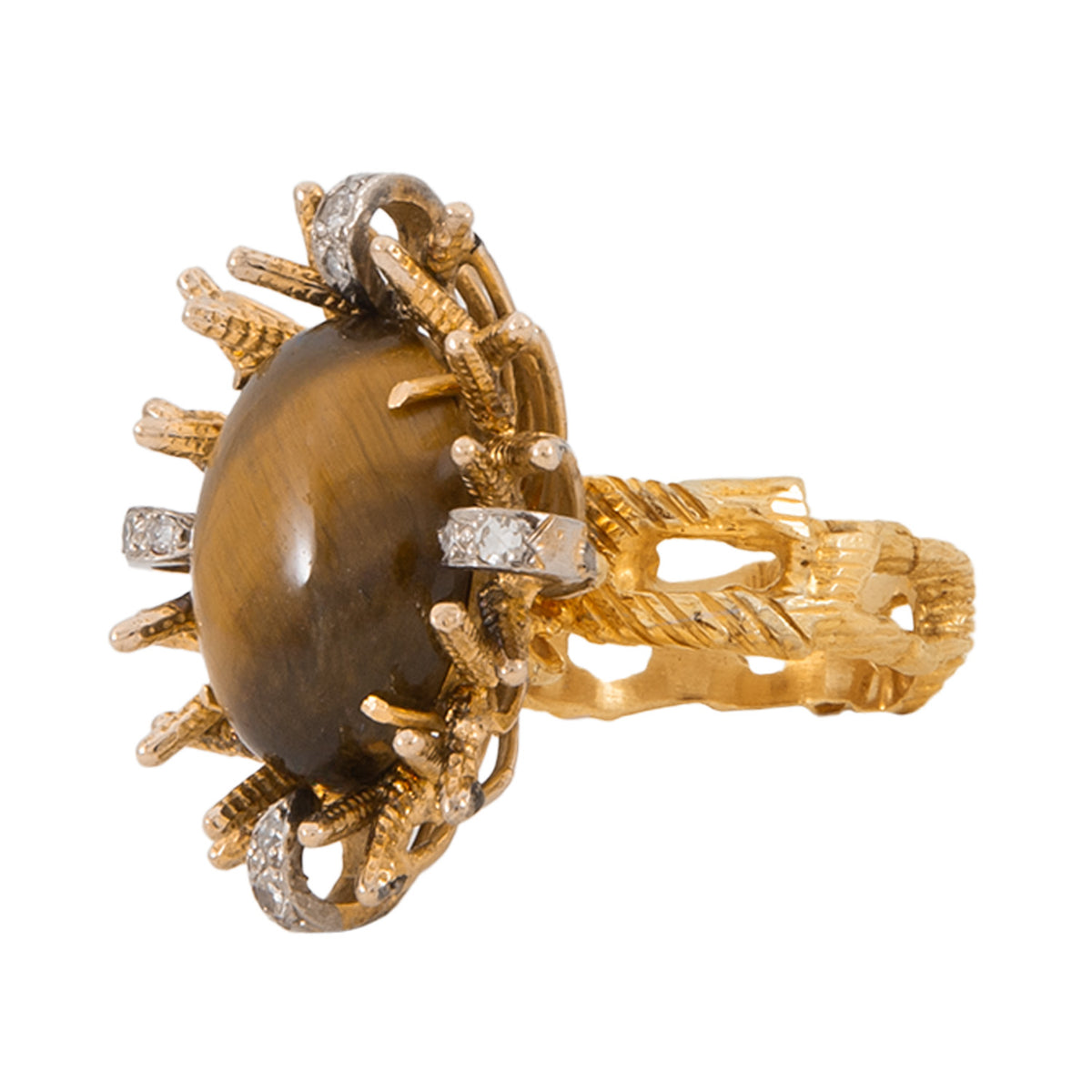 Anillo Diseño Vintage con Ojo de Tigre y Diamantes