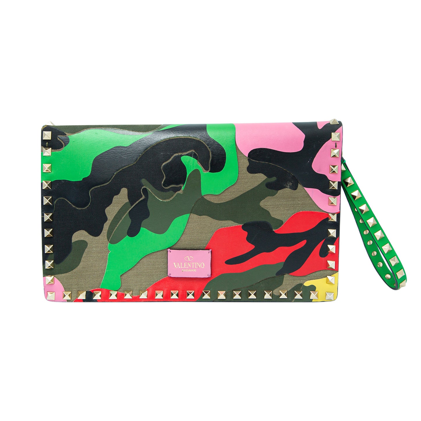 Clutch Rockstud Flap Camo Leather and Canvas